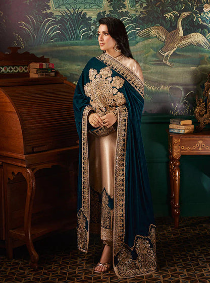 Zainab Chottani Maysori Blue Shawl Velvet Formal Collection 3pc 9000 Micro by FariOmni