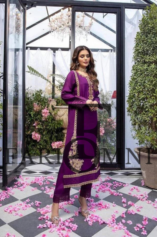 Azure Purple Silk Embroidery Dress Party Wear Collection by Fariomni