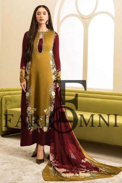 Lulusar Maroon & Gold Silk Embroidery Hand Work 3pc by Fariomni